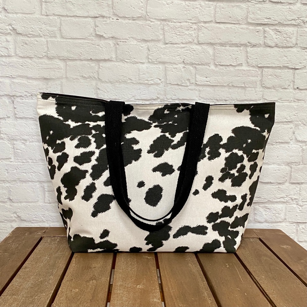 Handmade Foldable Travel/Market Tote - Black/White Cowhide Print